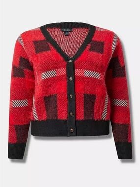 Torrid Luxe Cozy Eyelash Plaid Cardigan 2X Red Black Cropped Fuzzy Sweater